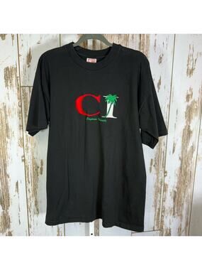 Hefty, Cayman Islands Embroidered Black Graphic Tee with Palm Design. Size XL.